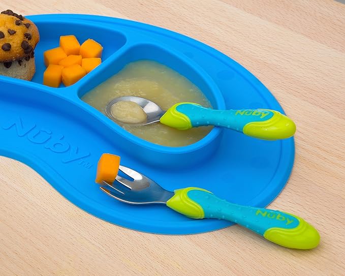 Nuby 2 Piece Stainless Steel Utensil, Blue/Green, 2 Count