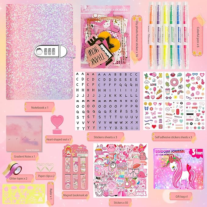 DIY Journal Kit for Girls,Diary for Girls with Lock,DIY Journal Set for Tween & Teen Girls, Stationery Set, Diary Supplies Set, Journaling Art Crafts Kit, Ideal Gifts for Girl