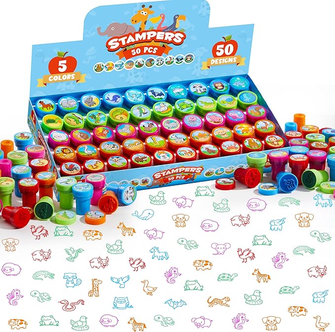JOYIN 50 Pcs Animal Stamps for Kids, with 50 Different Designs, Farm,Sea Animals,Stamps for Crafting, Prize Box Toys for Classroom, Kids Party Favor