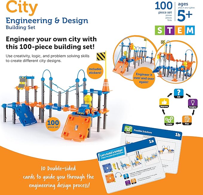 Learning Resources City Engineering and Design Building Set, Ages 5+,100 Pieces, Engineer STEM Toy, Construction Toys, Simple Machines Kids
