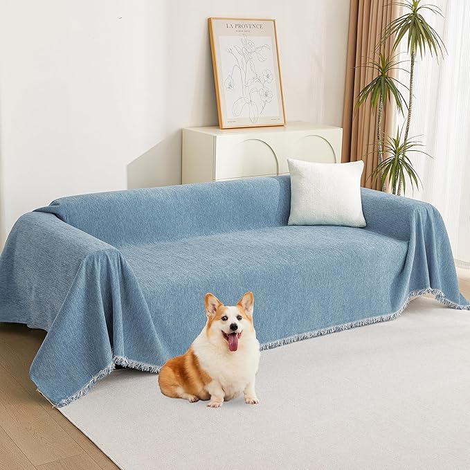 MYSKY HOME Sectional Couch Cover Blanket Living Room Furniture Protector for Pets, Farmhouse Home Decor Sofa Covers Tassel Chenielle Sofa Slipcover Soft Throw Couch for Dogs, 71" X 150", Blue