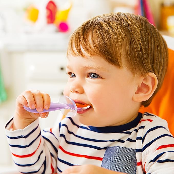 Munchkin® Silicone Scoop™ Trainer Spoons with Choke Guard for Baby Led Weaning, 4 Count, Pink/Purple