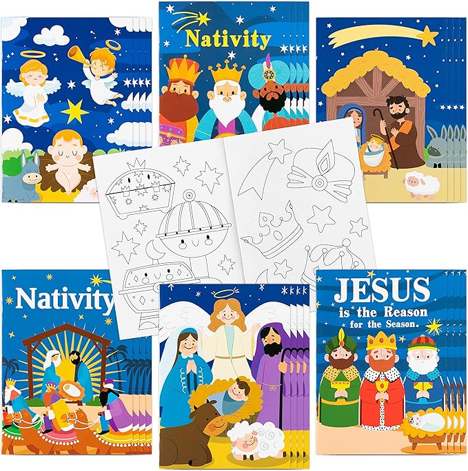 Dvbonike 24Pcs Nativity Coloring Books Christian Theme DIY Art Booklet with Cute Drawing Patterns Bible Savior Religious Christmas Gifts Sunday School Church Activity Supplies for Kids Age 4-8