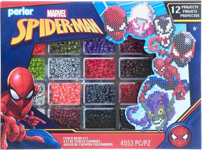 Perler Marvel's Spider-Man Deluxe Box Fused Bead Kit, 12 Unique Patterns with Pegboard, Multicolor 4453 Pieces
