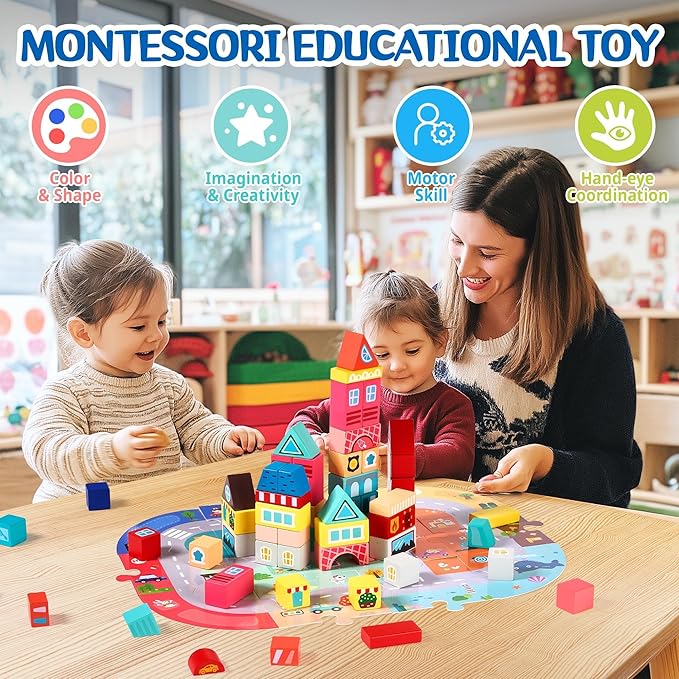 VigorFun 100 PCS Wooden Building Blocks Set - City Builder Stacking Toy with Storage Bag, Montessori Preschool Toys for Kids Toddlers Birthday Gifts Ages 3+