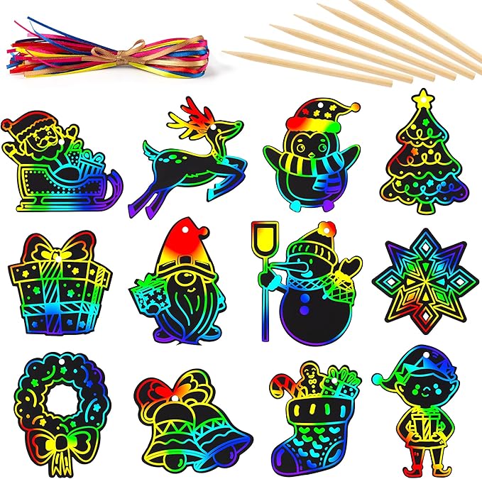 Mocoosy 48 Christmas Scratch Art Ornaments, Christmas Crafts Kits for Kids Rainbow Magic Scratch Paper Cards Xmas Hanging Ornaments Decorations DIY Winter Holiday Party Favors Set