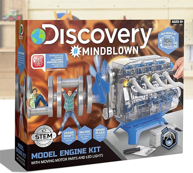 Discovery #MINDBLOWN Model Engine Building Kit, DIY 4-Cylinder Combustion Engine, Working Pistons Fan Valves Belts LED Lights, STEM Mechanic Engineering Construction Experiment Set, Kids & Adults Gift