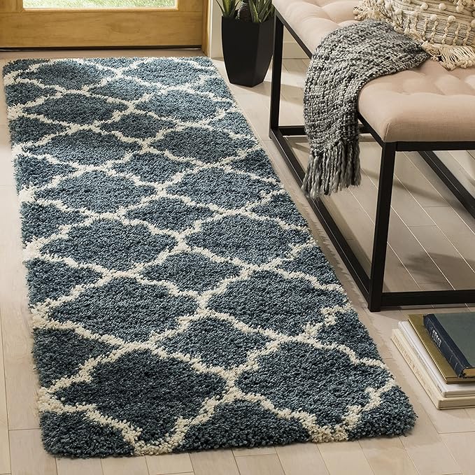 SAFAVIEH Hudson Shag Collection Runner Rug - 2'3" x 6', Slate Blue & Ivory, Moroccan Trellis, Non-Shedding & Easy Care, 2-inch Thick Ideal for High Traffic Areas in Living Room, Bedroom (SGH282L)