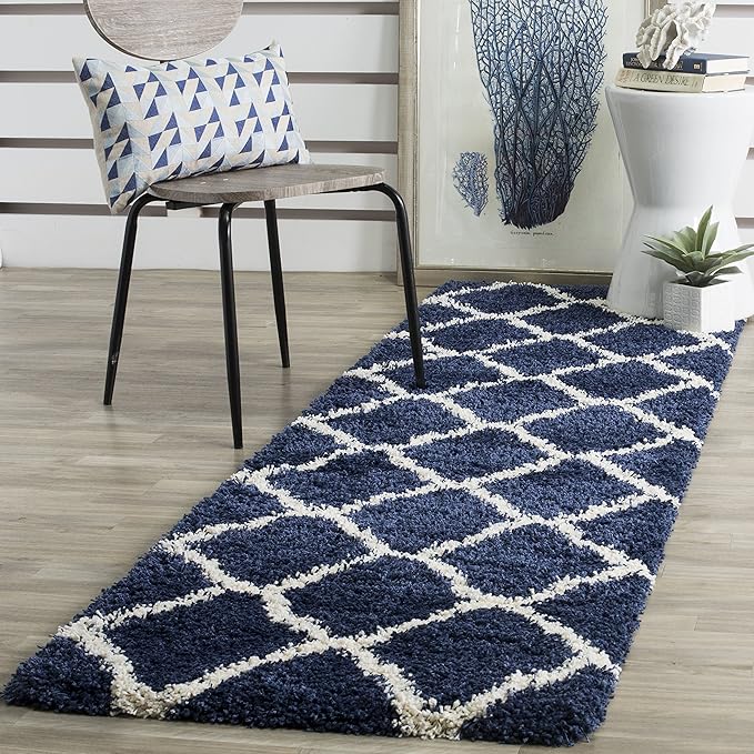 SAFAVIEH Hudson Shag Collection Runner Rug - 2'3" x 16', Navy & Ivory, Moroccan Trellis Design, Non-Shedding & Easy Care, 2-inch Thick Ideal for High Traffic Areas in Living Room, Bedroom (SGH283C)