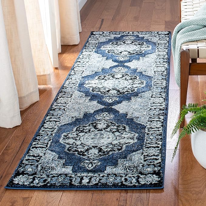 SAFAVIEH Vintage Hamadan Collection Runner Rug - 2'3" x 12', Blue & Grey, Oriental Traditional Persian Design, Non-Shedding & Easy Care, Ideal for High Traffic Areas in Living Room, Bedroom (VTH219M)