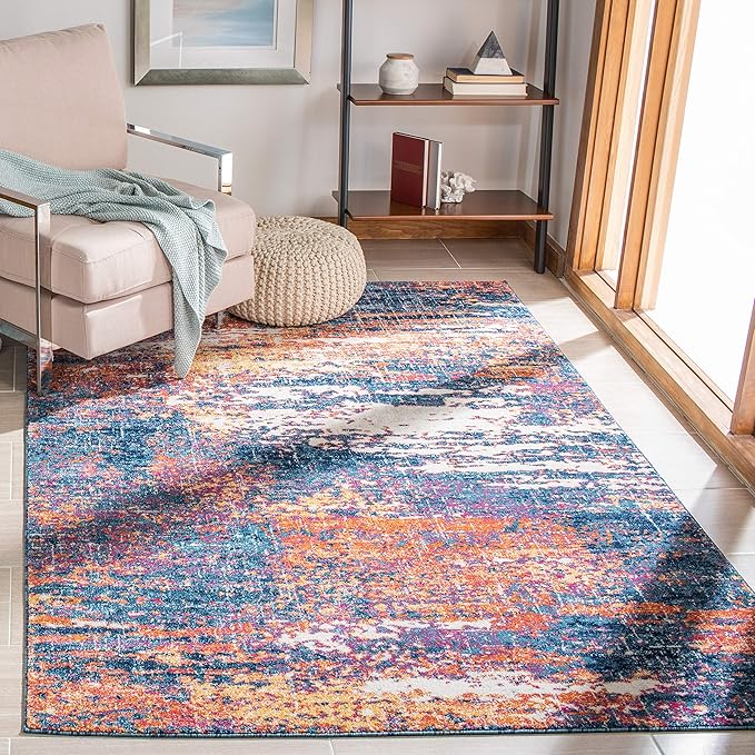 SAFAVIEH Evoke Collection Area Rug - 6'7" Square, Navy & Orange, Modern Abstract Design, Non-Shedding & Easy Care, Ideal for High Traffic Areas in Living Room, Bedroom (EVK272N)
