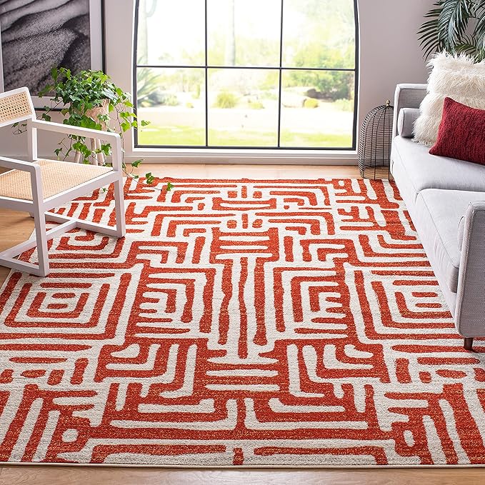 SAFAVIEH Amsterdam Collection Area Rug - 9' x 12', Ivory & Terracotta, Modern Abstract Design, Non-Shedding & Easy Care, Ideal for High Traffic Areas in Living Room, Bedroom (AMS106B)