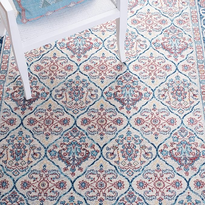 SAFAVIEH Brentwood Collection 6' x 9' Beige / Navy BNT870B Oriental Damask Trellis Non-Shedding Living Room Bedroom Dining Home Office Area Rug