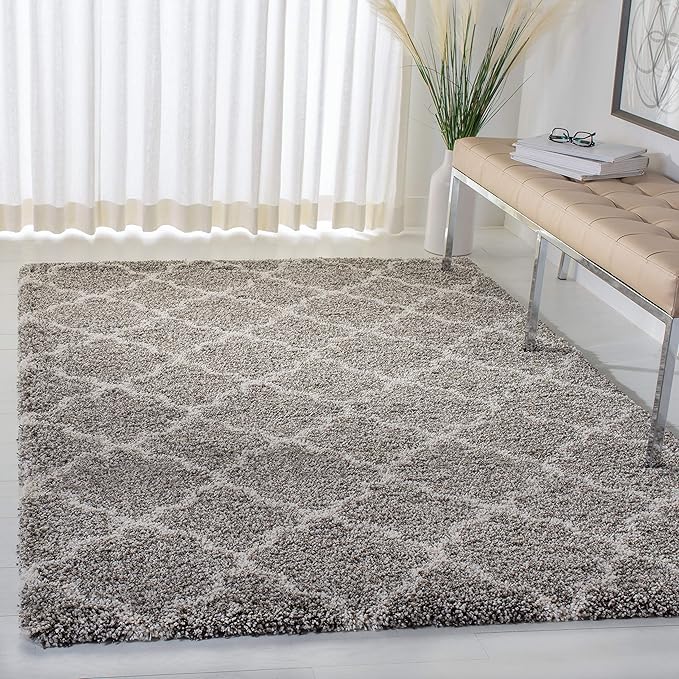 SAFAVIEH Hudson Shag Collection 7' Square Grey/Ivory SGH282B Moroccan Trellis Non-Shedding Living Room Bedroom Dining Room Entryway Plush 2-inch Thick Area Rug