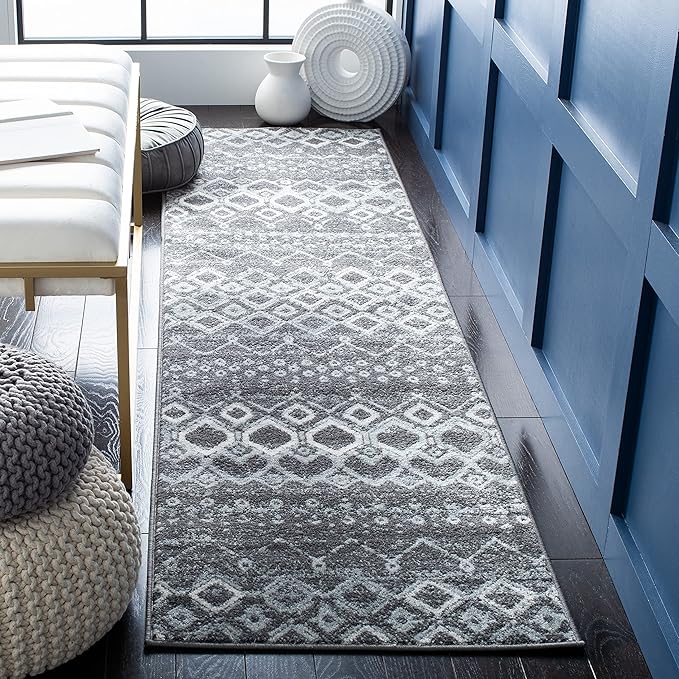 SAFAVIEH Amsterdam Collection Runner Rug - 2'3" x 12', Dark Grey & Light Grey, Moroccan Boho Design, Non-Shedding & Easy Care, Ideal for High Traffic Areas in Living Room, Bedroom (AMS108J)
