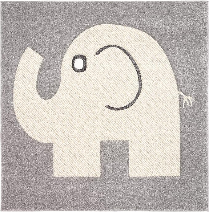 SAFAVIEH Carousel Kids Collection 8' Square Grey/Ivory CRK165B Elephant Non-Shedding Nursery Playroom Area Rug