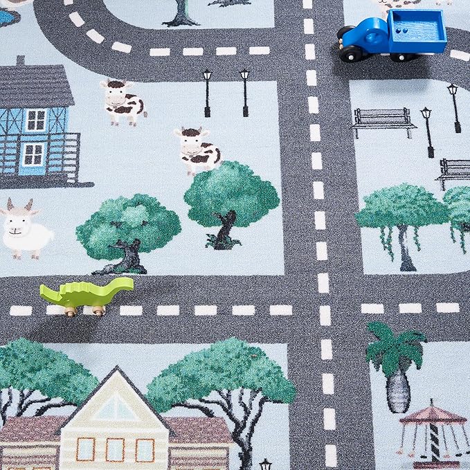 SAFAVIEH Kids Playhouse Collection Area Rug - 6'7" Square, Blue & Dark Grey, Machine Washable & Slip Resistant, Village Road Design, Ideal for Kids Bedroom, Playroom, Nursery (KPH235M-7SQ)