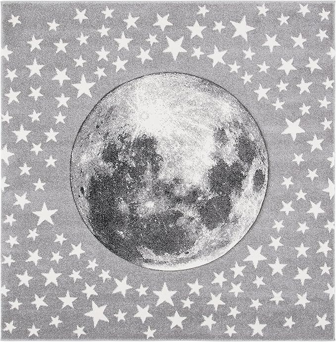 SAFAVIEH Carousel Kids Collection 8' Square Light Grey/White CRK135F Moon and Stars Non-Shedding Nursery Playroom Area Rug