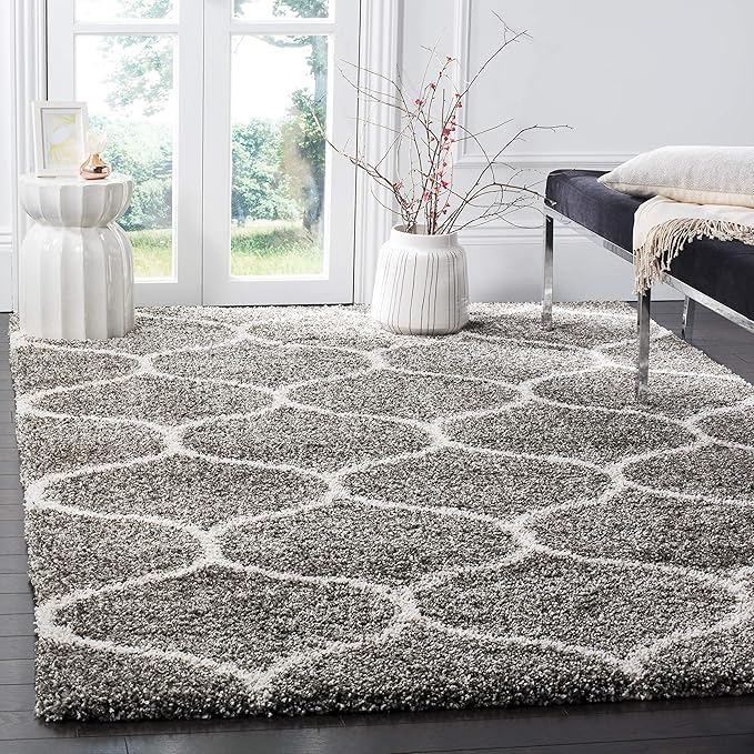 SAFAVIEH Hudson Shag Collection 5' Square Grey/Ivory SGH280B Moroccan Ogee Trellis Non-Shedding Living Room Bedroom Dining Room Entryway Plush 2-inch Thick Area Rug