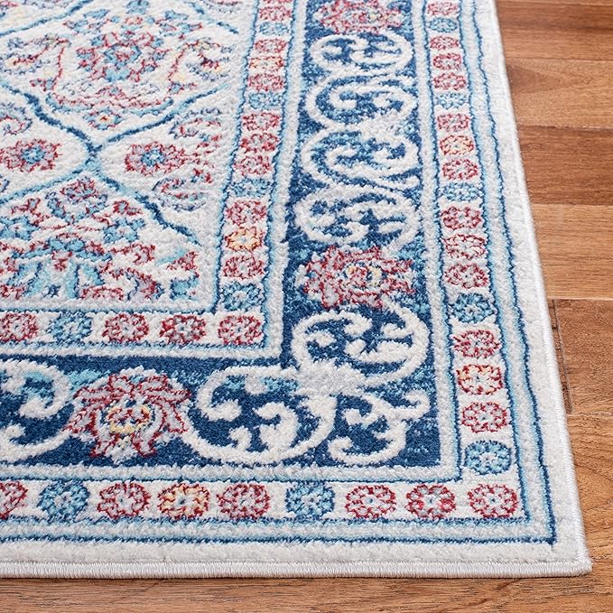 SAFAVIEH Brentwood Collection 5'3" x 7'6" Beige / Navy BNT870B Oriental Damask Trellis Non-Shedding Living Room Bedroom Dining Home Office Area Rug