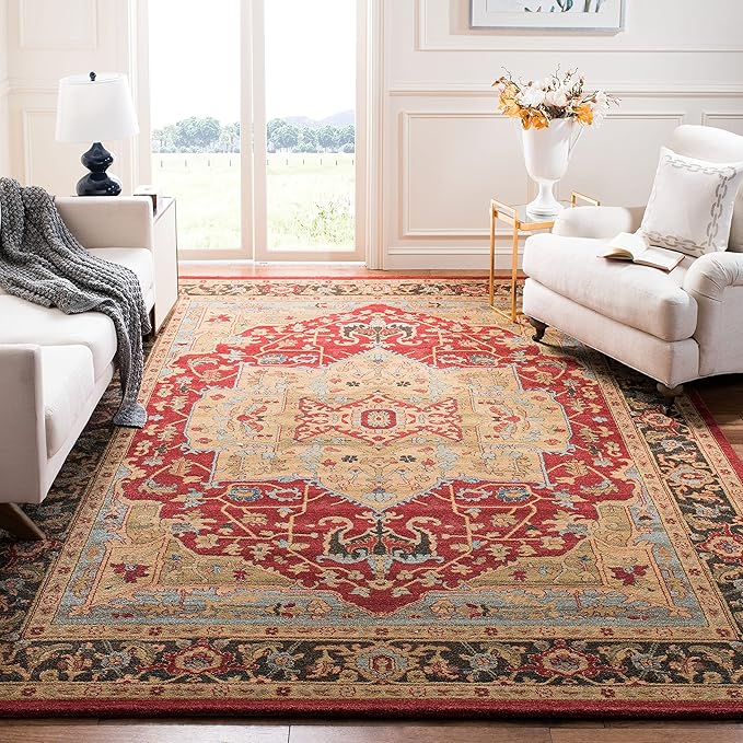 SAFAVIEH Mahal Collection Area Rug - 8' x 11', Natural & Navy, Traditional Oriental Design, Non-Shedding & Easy Care, Ideal for High Traffic Areas in Living Room, Bedroom (MAH625B)