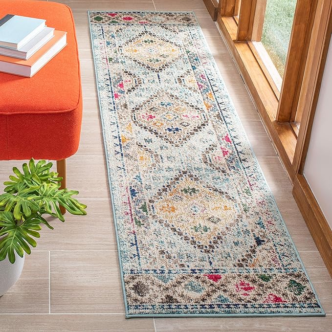 SAFAVIEH Madison Collection Runner Rug - 2'2" x 6', Blue & Yellow, Boho Diamond Distressed Design, Non-Shedding & Easy Care, Ideal for High Traffic Areas in Living Room, Bedroom (MAD418K)