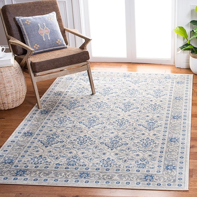 SAFAVIEH Brentwood Collection 5'3" x 7'6" Ivory/Blue BNT870A Oriental Damask Trellis Non-Shedding Living Room Bedroom Dining Home Office Area Rug