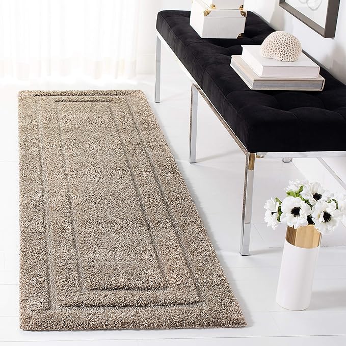 SAFAVIEH Florida Shag Collection Runner Rug - 2'3" x 10', Beige & Beige, Border Design, Non-Shedding & Easy Care, 1.2-inch Thick Ideal for High Traffic Areas in Living Room, Bedroom (SG454-1313)