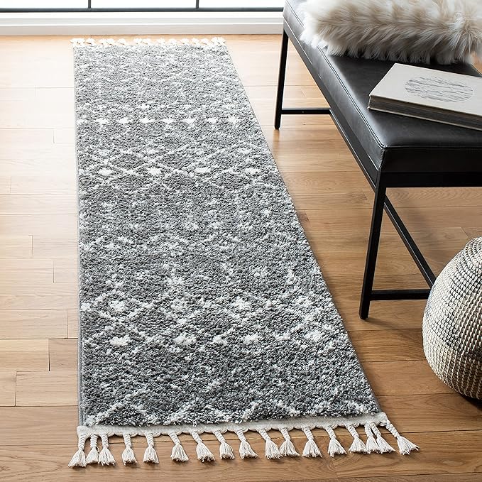 SAFAVIEH Berber Fringe Shag Collection Runner Rug - 2'2" x 12', Grey & Ivory, Moroccan Design, Non-Shedding & Easy Care, 1.2-inch Thick Ideal for High Traffic Areas in Living Room, Bedroom (BFG516F)