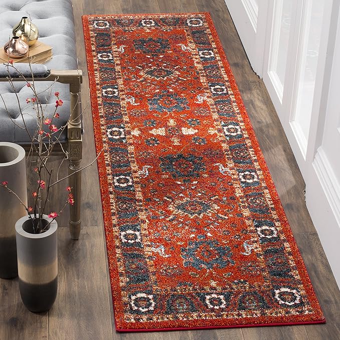 SAFAVIEH Vintage Hamadan Collection Runner Rug - 2'3" x 8', Orange & Blue, Oriental Traditional Persian Design, Non-Shedding & Easy Care, Ideal for High Traffic Areas in Living Room, Bedroom (VTH214C)