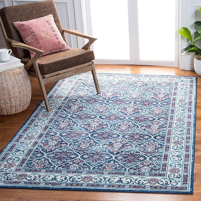 SAFAVIEH Brentwood Collection 5'3" x 7'6" Navy / Red BNT870N Oriental Damask Trellis Non-Shedding Living Room Bedroom Dining Home Office Area Rug