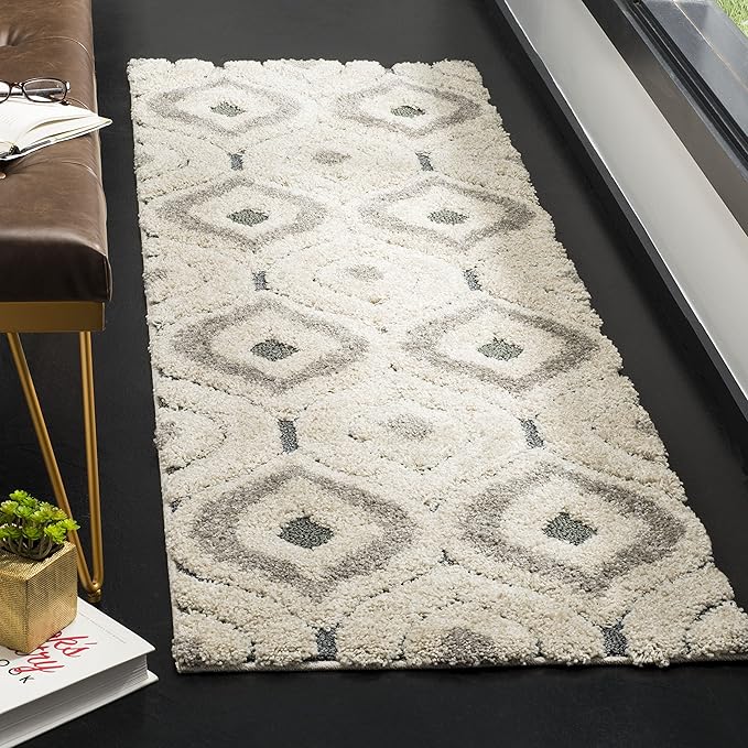 SAFAVIEH Florida Shag Collection 2'3" x 7' Cream / Light Blue SG461 Modern Ogee Non-Shedding Living Room Bedroom Dining Room Entryway Plush 1.2-inch Thick Runner Rug