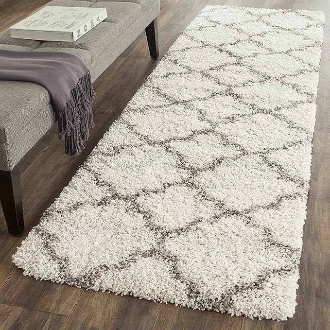 SAFAVIEH Hudson Shag Collection Runner Rug - 2'3" x 8', Ivory & Grey, Moroccan Trellis Design, Non-Shedding & Easy Care, 2-inch Thick Ideal for High Traffic Areas in Living Room, Bedroom (SGH282A)