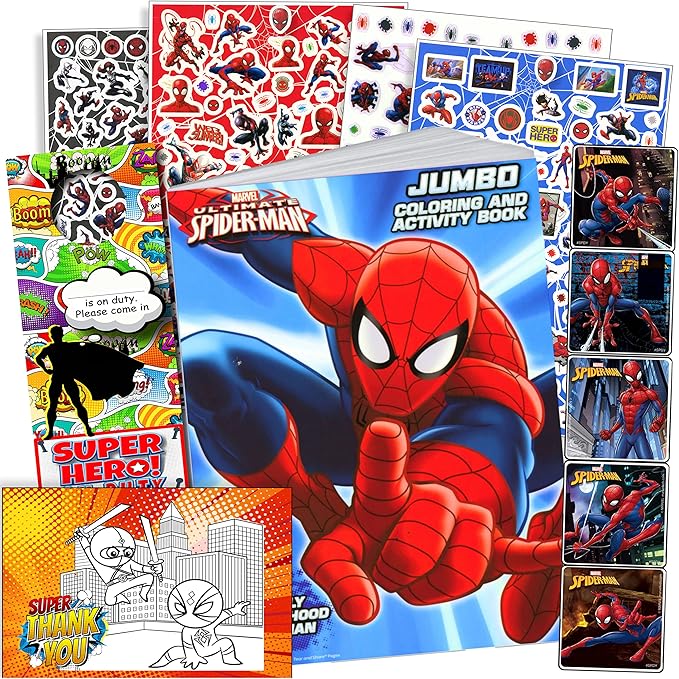 Disney Studios Spiderman Stickers Activity Set - Bundle Includes Spiderman Stickers, Spiderman Coloring Book, Superhero Door Hanger, Thank You Card Craft
