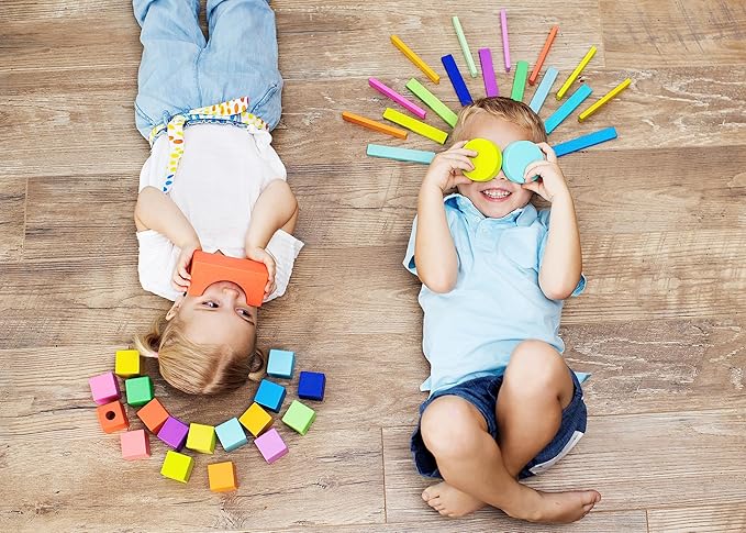 LOVEVERY | The Block Set | Solid Wood Building Blocks and Shapes + Wooden Storage Box, 70 Pieces, 18 Colors, 20+ Activities, Toddler Block Set and Converts into a Pull Car, Ages 12 to 48+ months