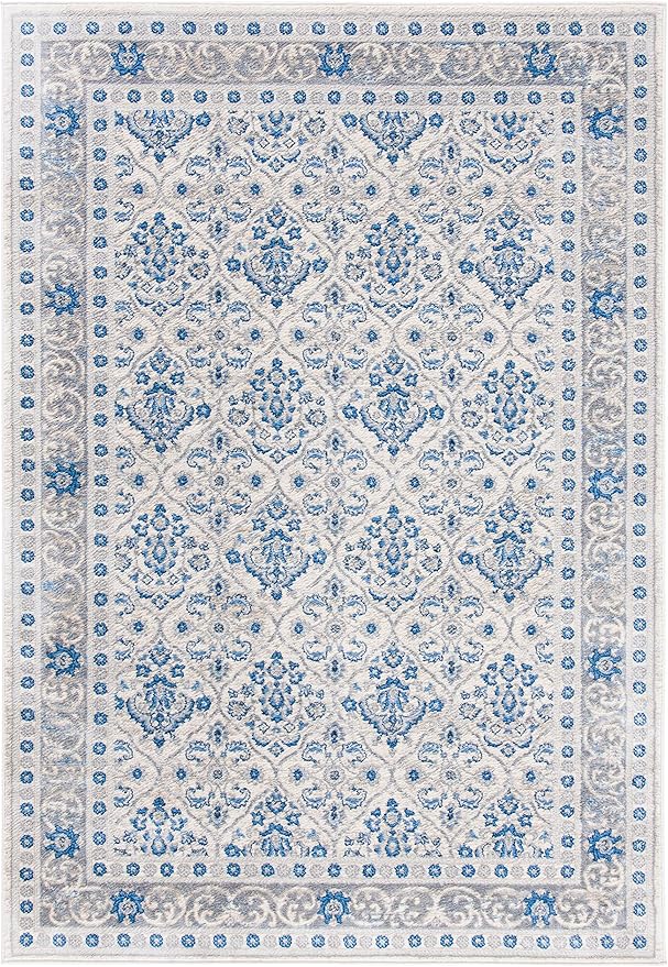 SAFAVIEH Brentwood Collection Area Rug - 9' x 12', Ivory & Blue, Oriental Damask Trellis Design, Non-Shedding & Easy Care, Ideal for High Traffic Areas in Living Room, Bedroom (BNT870A)