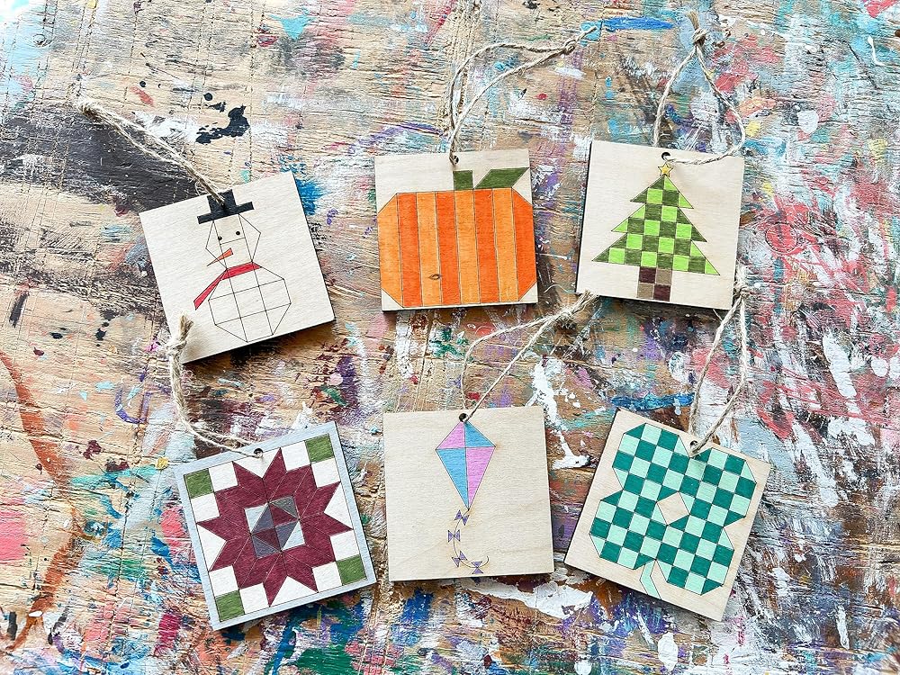 Set of 4 Coasters Small Barn Quilt Kit DIY Pattern Unfinished Wood Quilting Block Sign Paintable Art for Adults and Kids (HST, Friendship Star, Dutch Square, Flying Geese)