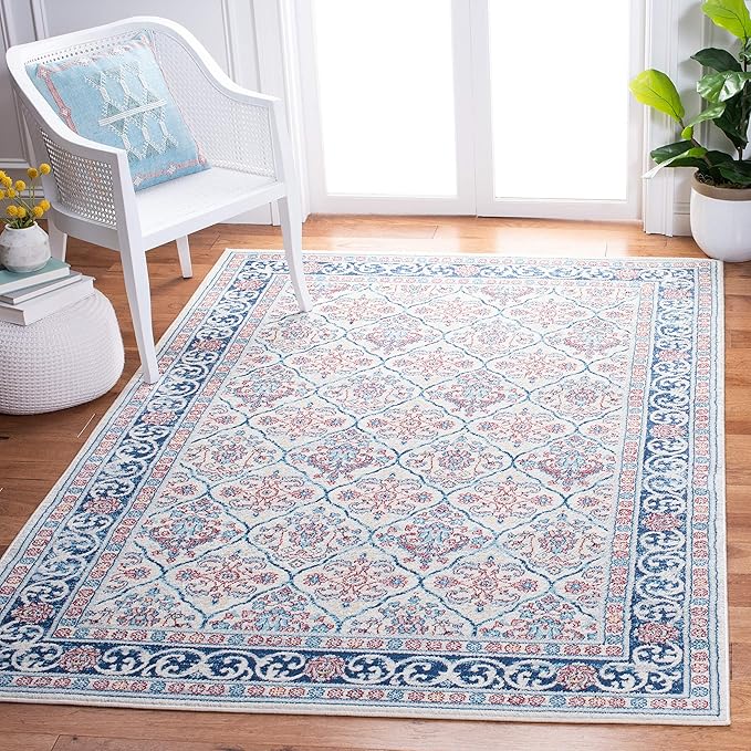 SAFAVIEH Brentwood Collection 6' x 9' Beige / Navy BNT870B Oriental Damask Trellis Non-Shedding Living Room Bedroom Dining Home Office Area Rug
