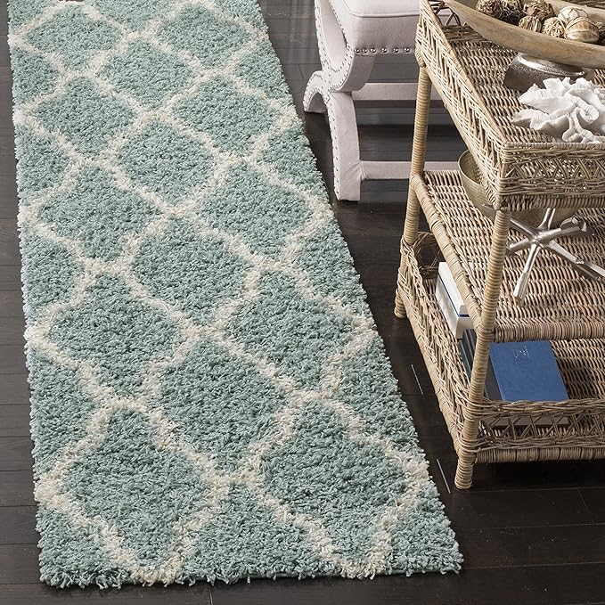 SAFAVIEH Dallas Shag Collection 2'3" x 10' Seafoam / Ivory SGDS257C Trellis Non-Shedding Living Room Bedroom Dining Room Entryway Plush 1.5-inch Thick Runner Rug