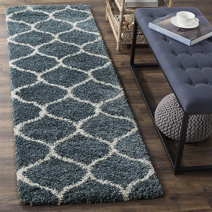 SAFAVIEH Hudson Shag Collection Runner Rug - 2'3" x 14', Slate Blue & Ivory, Trellis Design, Non-Shedding & Easy Care, 2-inch Thick Ideal for High Traffic Areas in Living Room, Bedroom (SGH280L)