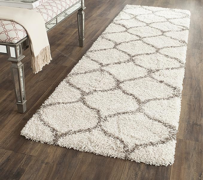 SAFAVIEH Hudson Shag Collection Runner Rug - 2'3" x 10', Ivory & Grey, Moroccan Trellis Design, Non-Shedding & Easy Care, 2-inch Thick Ideal for High Traffic Areas in Living Room, Bedroom (SGH280A)