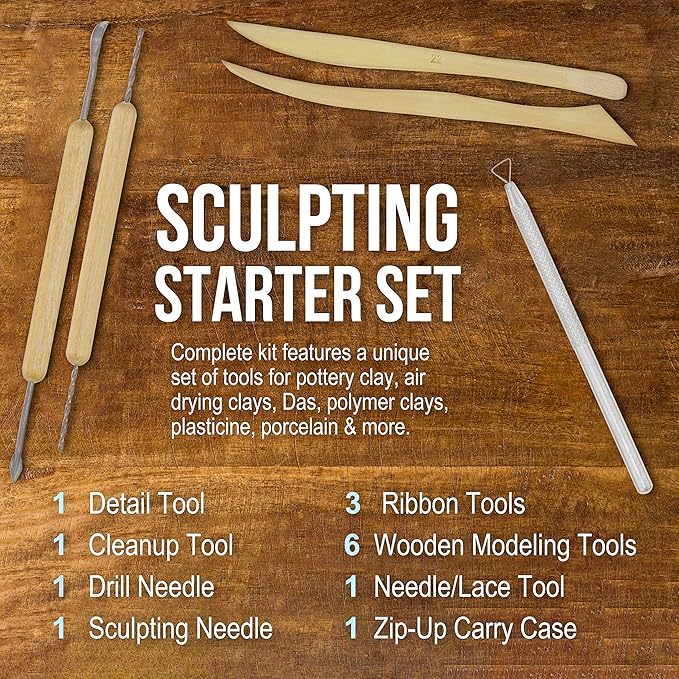 US Art Supply 14-Piece Pottery, Clay Sculpture & Ceramics Tool Set with Canvas Zippered Case