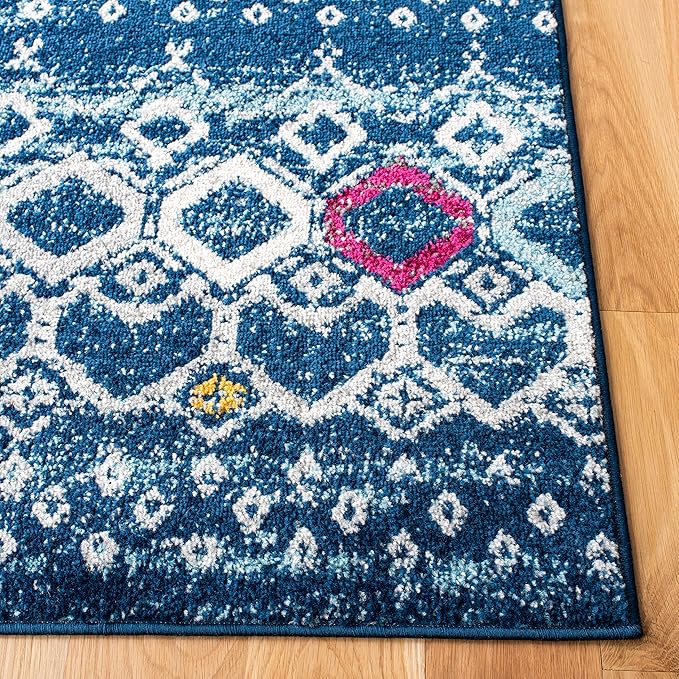 SAFAVIEH Amsterdam Collection Runner Rug - 2'3" x 8', Navy & Turquoise, Moroccan Boho Design, Non-Shedding & Easy Care, Ideal for High Traffic Areas in Living Room, Bedroom (AMS108M)