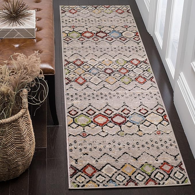 SAFAVIEH Amsterdam Collection Runner Rug - 2'3" x 16', Light Grey & Multi, Moroccan Boho Design, Non-Shedding & Easy Care, Ideal for High Traffic Areas in Living Room, Bedroom (AMS108G)