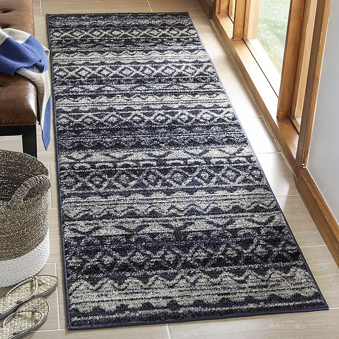 SAFAVIEH Adirondack Collection Runner Rug - 2'6" x 12', Ivory & Navy, Moroccan Boho Distressed Design, Non-Shedding & Easy Care, Ideal for High Traffic Areas in Living Room, Bedroom (ADR119M)