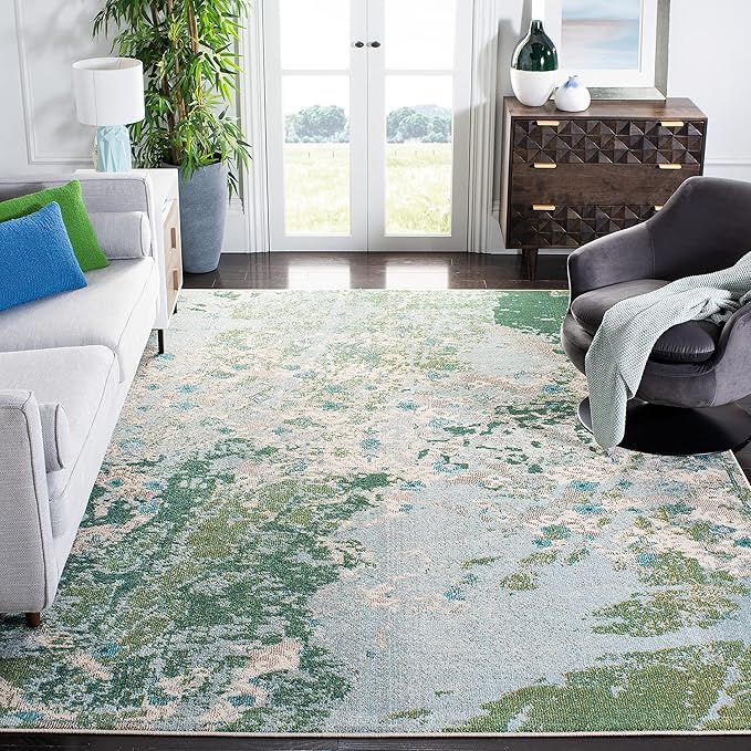 SAFAVIEH Madison Collection Area Rug - 8' x 10', Green & Blue, Modern Abstract Design, Non-Shedding & Easy Care, Ideal for High Traffic Areas in Living Room, Bedroom (MAD499X)