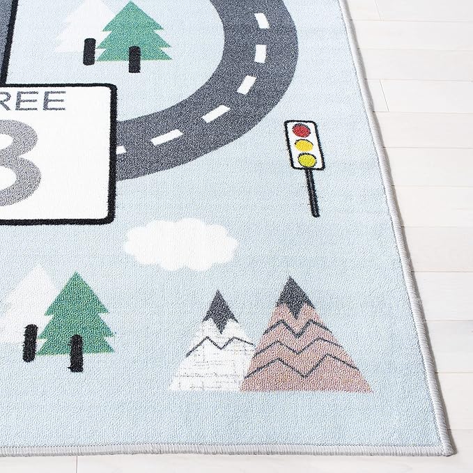 SAFAVIEH Kids Playhouse Collection Area Rug - 5' Square, Grey & Blue, Non-Shedding Machine Washable & Slip Resistant Ideal for High Traffic Areas for Boys & Girls in Playroom, Bedroom (KPH226F)