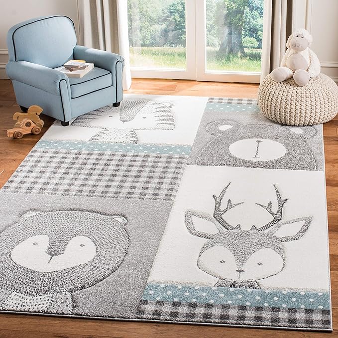 SAFAVIEH Carousel Kids Collection Area Rug - 10' x 14', Grey & Ivory, Animal Design, Non-Shedding & Easy Care, Ideal for High Traffic Areas for Boys & Girls in Playroom, Nursery, Bedroom (CRK188B)