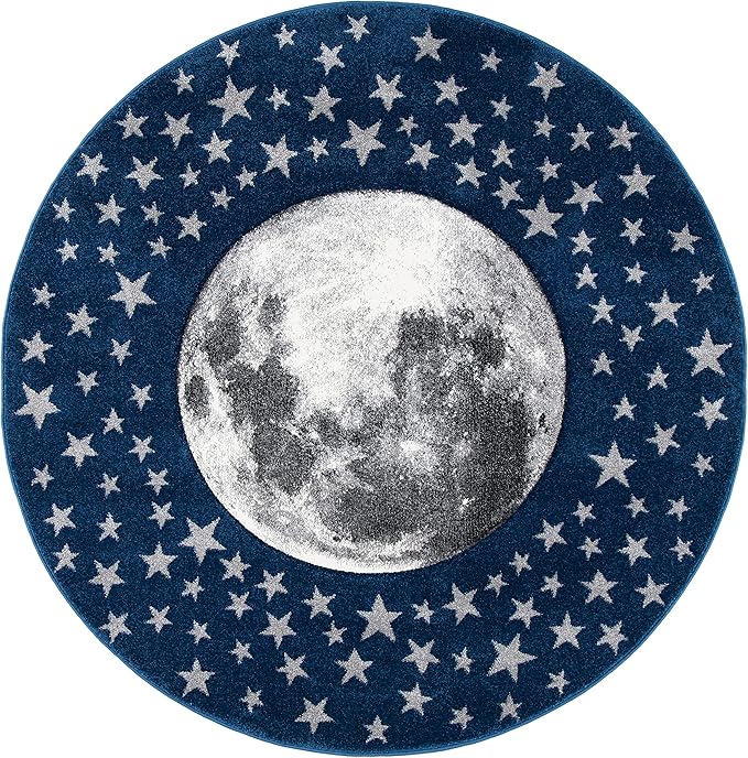 SAFAVIEH Carousel Kids Collection 3' Round Navy/Grey CRK135N Moon & Stars Non-Shedding Playroom Nursery Bedroom Area Rug