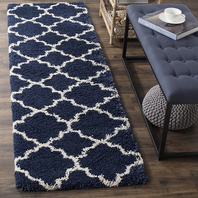 SAFAVIEH Hudson Shag Collection Runner Rug - 2'3" x 14', Navy & Ivory, Moroccan Trellis Design, Non-Shedding & Easy Care, 2-inch Thick Ideal for High Traffic Areas in Living Room, Bedroom (SGH282C)